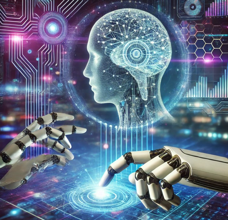 Paisaje digital futurista que representa la inteligencia artificial y la innovación. La imagen presenta una red neuronal brillante, manos robóticas interactuando