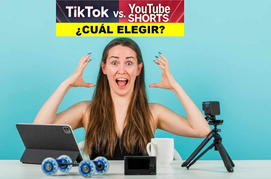 Bloguera grita y posa ante la cámara mostrando sus manos sobre un fondo azul