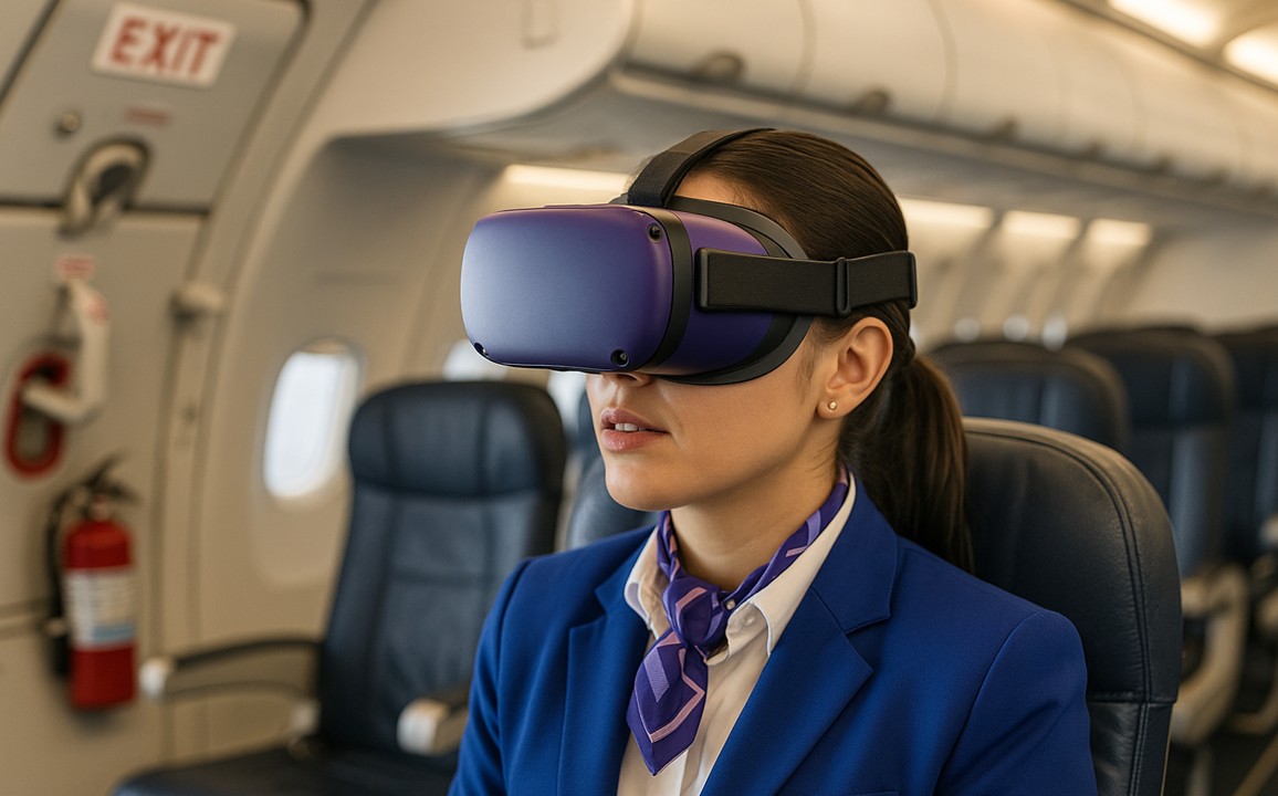 Una tripulante participa en un entrenamiento con RV, tecnología que eleva los estándares de seguridad y formación en la aviación colombiana